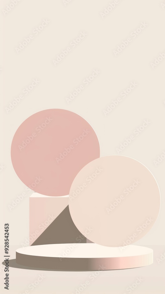 Poster two rounded shapes, one large and one small, rest on a circular base, featuring soft pastel colors a