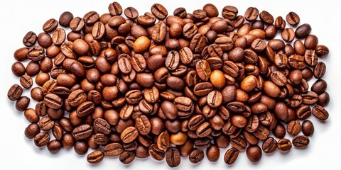 Freshly roasted brown coffee beans are scattered and piled artfully on a clean white background, showcasing their varied textures and earthy tones.