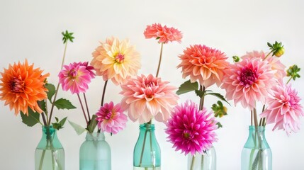 Beautiful pink and orange dahlias arranged in elegant vases on a crisp white background - perfect for floral decor, spring celebrations, and nature-themed designs