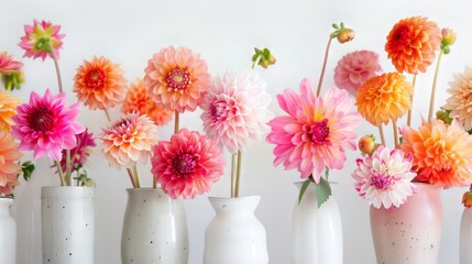 Beautiful pink and orange dahlias arranged in elegant vases on a crisp white background - perfect for floral decor, spring celebrations, and nature-themed designs