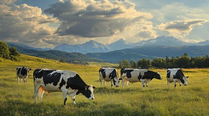 Fototapeta premium Cows Grazing in Mountain Meadow