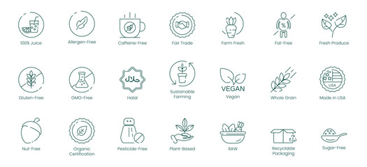 Illustration Icons of 100% Juice, Allergen-Free, Caffeine-Free, Free Artery, Farm-Fresh, Fat-Free, Fresh Produce, Gluten-Free, GMO-Free, Halal, Sustainable Farming, Vegan, Whole Grain, Made in USA, Nu