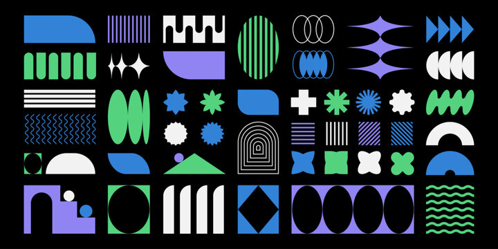 Abstract retro shapes, frames and symbols, basic brutal forms and figures in Y2K aesthetics, vintage stickers, logos, labels. Decorative design elements, vector illustration.