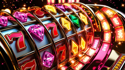 Close-up images of stunning casino slot machine reels,