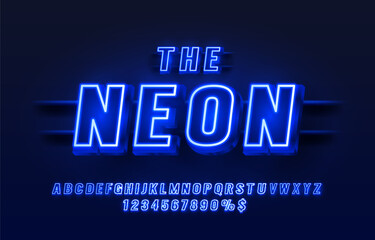 Neon city color blue font. English alphabet and numbers sign. Vector illustration