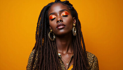 Fashionable african woman with dreadlocks standing in a studio with her eyes closed. Confident black woman wearing piercing jewellery and makeup. Female hipster standing against an orange