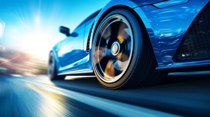 Movement shot of fast blue car driving on asphalt road with high speed. Neural network ai generated art