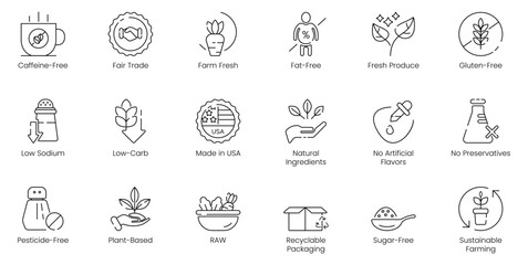 Illustration Icons of Caffeine-Free, Pre-Operate, Farm-Fresh, Fat-Free, Fresh Produce, Gluten-Free, Low Sodium, Low Carb, Made in USA, Natural Ingredients, No Artificial Flavors, vector icons 