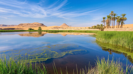 Fototapeta premium Oasis in the desert, mysterious ancient ruins, perfect travel wallpaper