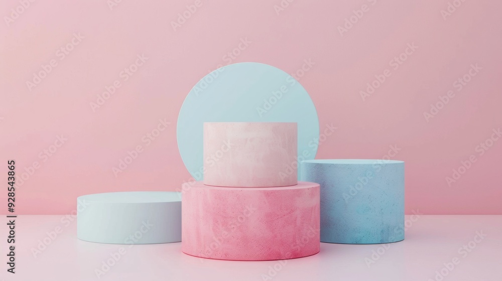 Poster three cylindrical and circular shapes in pastel colors are arranged harmoniously against a soft pink