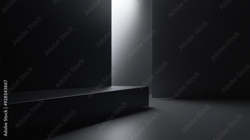 Poster a minimalist and abstract space with dark surfaces and a single light source.
