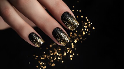 Black and Gold Glitter Nail Design