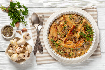 chicken stroganoff in a baking dish, top view