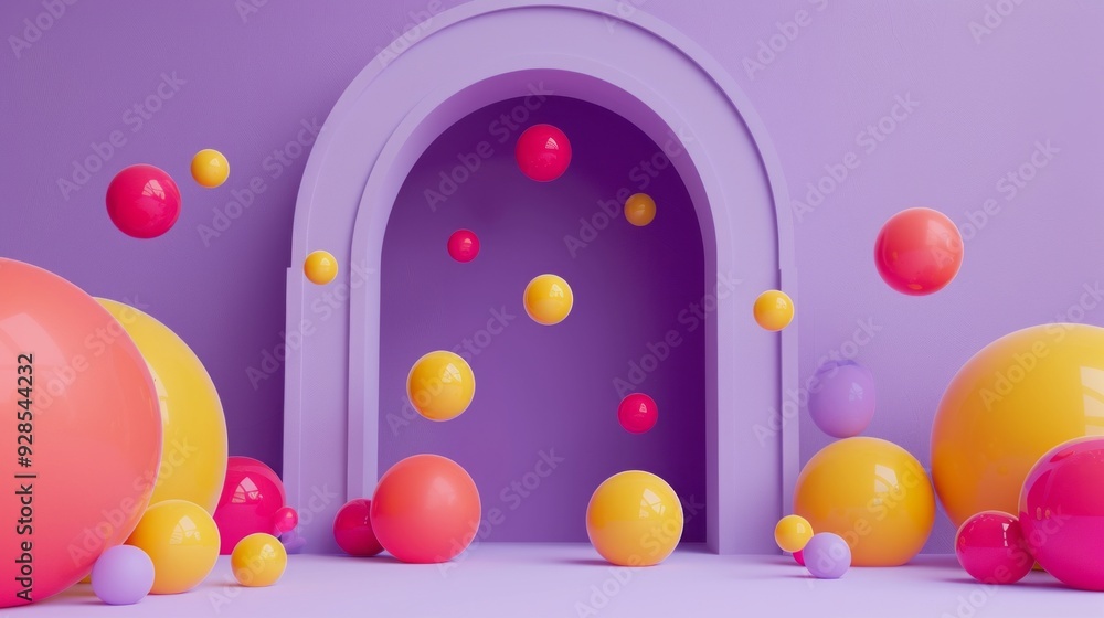 Poster Colorful spheres in various sizes are playfully arranged around a minimalist archway on a purple background, creating a vibrant and inviting atmosphere