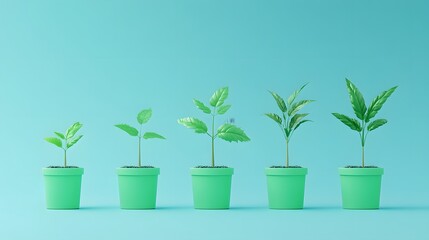 Obraz premium Five green plants in pots illustrating growth concept on a light blue background. Perfect for depicting progress and development.
