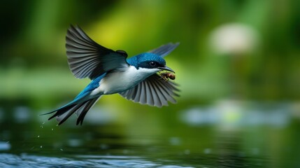 Blue-winged Bird Flying Over Water With Prey