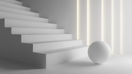 A minimalist interior featuring stairs and a spherical object with soft lighting.