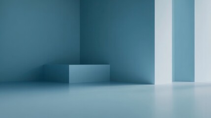 Obraz premium A minimalist interior scene with blue walls and a geometric structure.