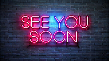 A bright neon sign on a brick wall with the words “SEE YOU SOON” in pink and blue, symbolizing a warm farewell