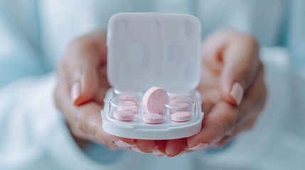 Close up shot of woman taking 1 pill from pill box.
