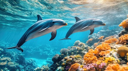 Obraz premium Dolphins Swimming Through Coral Reef