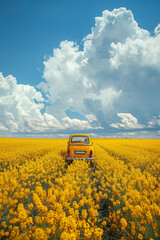 A yellow car driving on the vast rapeseed flower field