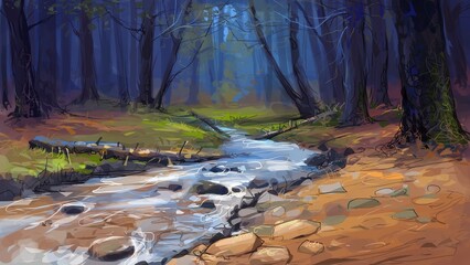 Stream in the forest. Digital painting illustration.