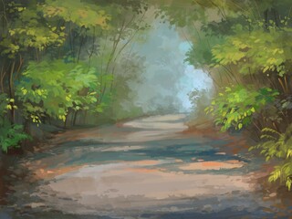 Landscape with a forest pathway. Digital painting illustration.