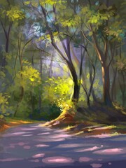 The trees are illuminated by the sun. Digital painting illustration.