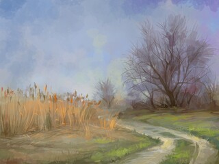 Landscape with pathway. Digital painting illustration.