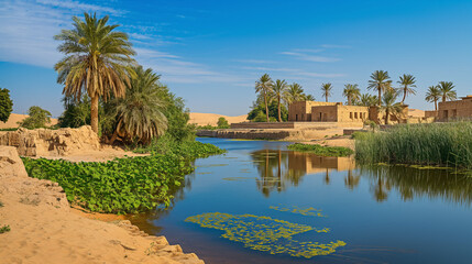 Fototapeta premium Oasis in the desert, mysterious ancient ruins, perfect travel wallpaper