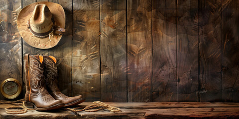 American west cowboy old hat and leather boots on a vintage background