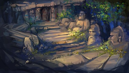 Landscape with stairs. Digital painting illustration.