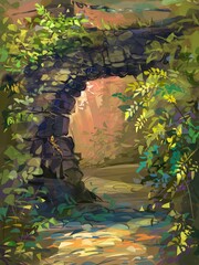 Old bridge with foliage. Digital painting illustration.