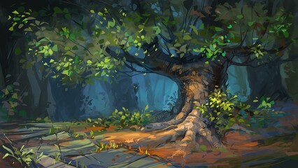 Forest landscape with old tree. Digital painting illustration.