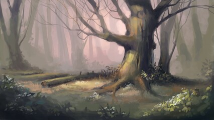 Old tree in a foggy forest. Digital painting illustration.