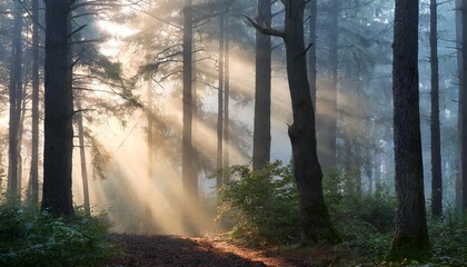 Misty forest at dawn with light rays shining through fog and trees; beautiful mysterious natural background