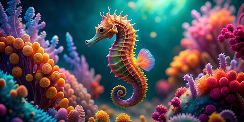 Vibrant coral formations surround a delicate seahorse, its intricate profile and curly tail blending seamlessly with the kaleidoscope of colors in the deep ocean habitat.