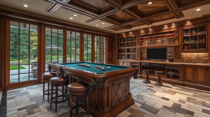 Game Room with Pool Table and Bar.