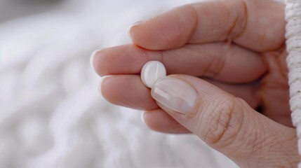 Close-up view of a woman's hand holding a sleep aid pill, highlighting wellness and sleep management.