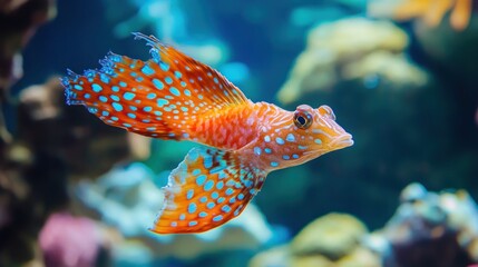 Obraz premium Close-up of a colorful fish with blue and orange spots in an aquarium