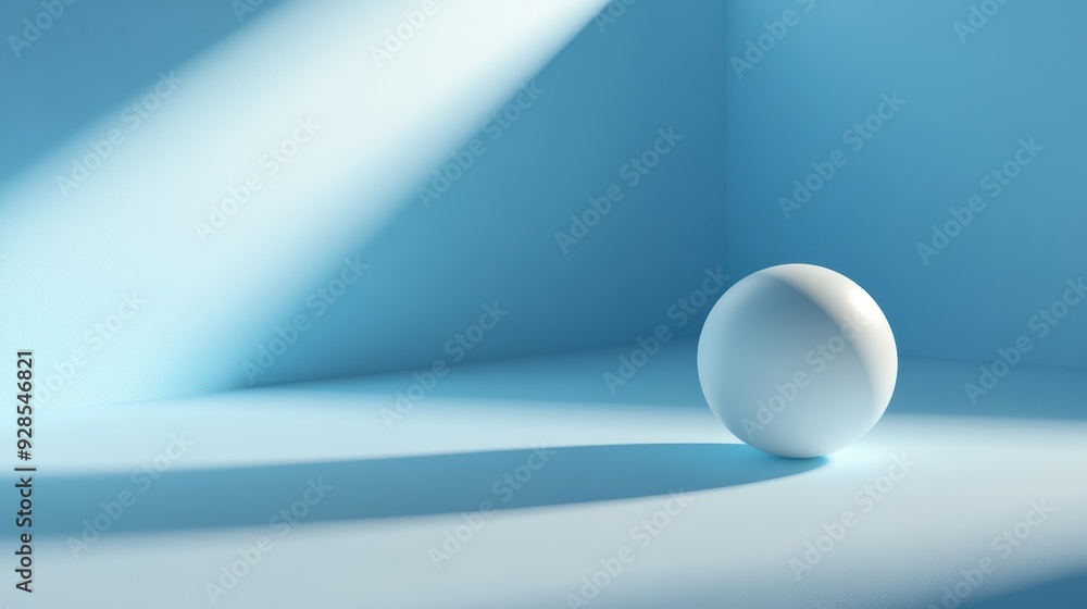 Poster a minimalistic scene featuring a white sphere in a blue environment with soft lighting.