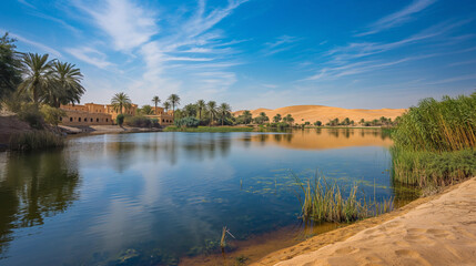 Obraz premium Oasis in the desert, mysterious ancient ruins, perfect travel wallpaper