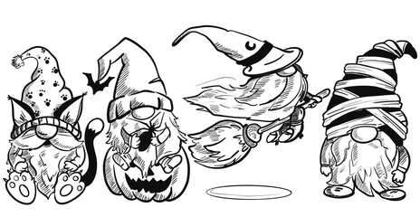 Set Halloween gnome at funny hat. Hand draw illustration for sublimation t-shirt, pillow, mug. line art illustration, black and white sketch. Print for poster, postcard, notebooks, color book for kids