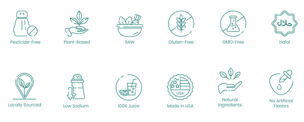 Pesticides-Free, Plant-Based, Raw, Gluten-Free, GMO-Free, Halal, Locally Sourced, Low Sodium, 100% Juice, Made in USA, Natural Ingredients, and No Artificial Flavors Vector Illustration Icon Set