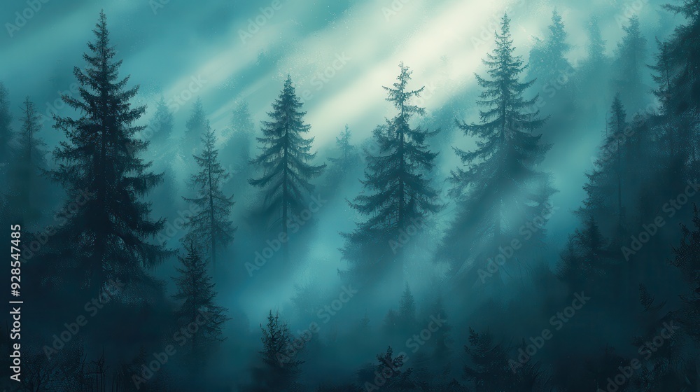 Aufkleber a misty forest scene with tall trees and soft light filtering through the branches.