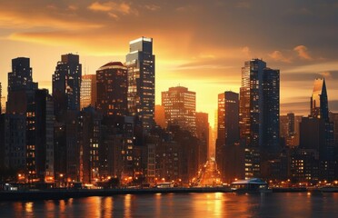 Fototapeta premium Buildings glow at dusk as the sun sets.