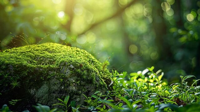 A moss covered rock sits in a lush green forest