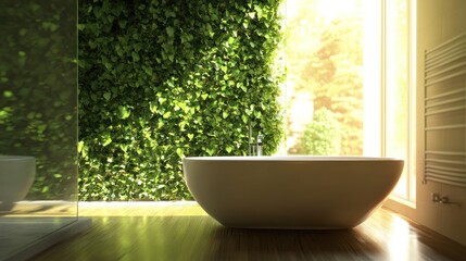 Modern bathroom with a view of a green wall.
