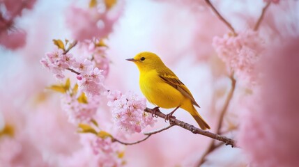 Yellow Bird Perched on a Branch of Pink Blossoms
